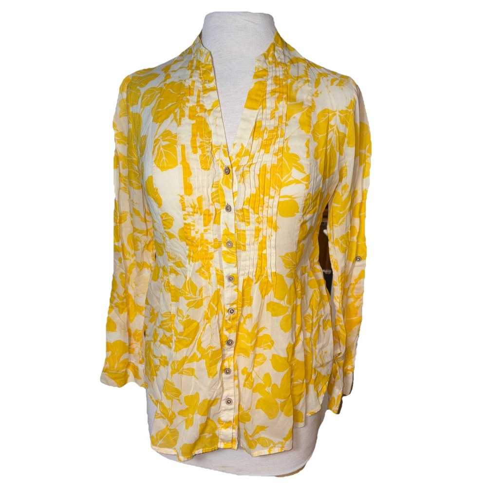Anthropologie Pintucked Buttondown By Maeve, Yellow/White‎ Floral Print Size 4